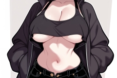 charset=Unicode masterpiece, best quality, high quality, highres, outline, anime, toon, BREAK goth girl, black hair, hair over eyes, underboob, tank top, loose clothes, oversized clothes, hoodie, hood up, black denim shorts, hips, thick, thighs, choker, spiked collar, confident, cute
Negative prompt: bad quality, worst quality, worst detail, sketch, censor, young, teen, kid, watermark, signature, text, frame, watermark, patreon, 3d, semi-realistic, realistic, wet, pale,
Steps: 25, Sampler: euler_simple, CFG scale: 12.0, Seed: 776831821541030, Size: 1760x2800, Model hash: 34b894afcb, Model: deepnavy_v3, TI hashes: "", Version: ComfyUI, Hashes: {"model": "34b894afcb"}