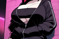 charset=Unicode masterpiece, best quality, highres, absurdres, npstyle_alt, 

1girl, original character, streetwear goth girl, shoulder-length black hair with blunt bangs and red underlights, pale skin, sharp black eyeshadow, oversized black hoodie half-zipped showing black tube top and cleavage, tiny black cargo skirt, thigh straps, sneakers, leaning against graffiti wall, casual but highly suggestive pose, urban night setting, feet on wall, (huge breasts, thick:2.0), underboob, areola slip, (serious, :/:3), (angry:-1)

:3.0>, 
,
Negative prompt: old, early, ugly, bad anatomy, artistic error, worst quality, low quality, deviantart, blurry, artist name, signature, watermark, jpeg artifacts, watermark, banner, realistic, photorealistic, bad anatomy, bad hands, deformed hands, extra fingers, mutated hands, missing fingers, malformed limbs, fused fingers, too many fingers, young, teen, child, aged down, chibi, petite, toon, outline, split screen,
Steps: 12, Sampler: er_sde_simple, CFG scale: 1.0, Seed: 622044939234331, Size: 1600x2960, Model: , TI hashes: "", Version: ComfyUI