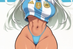 charset=Unicode masterpiece, best quality, highres, absurdres, ultra detailed, npstyle_alt, argentina_shirt_v2, 

mirko, shirt only, light blue panties, crop top, sexy pose, happy, smiling, arms up, outstretched arms, celebration, motion lines, jumping, bouncing breasts, toned, dark-skinned female, adidas (company), emblems, logos, Mirko from My Hero Academia, wearing an argentinian shirt and some light blue thong panties, cheering, thick, wide hips, open mouth, 



Negative prompt: old, early, ugly, bad anatomy, artistic error, worst quality, low quality, deviantart, blurry, artist name, signature, watermark, jpeg artifacts, text, watermark, banner, realistic, photorealistic, bad anatomy, bad hands, deformed hands, extra fingers, mutated hands, missing fingers, malformed limbs, fused fingers, too many fingers,
young, teen, child, aged down, chibi, petite, toon, 
split view, giant, giantess,
cat_wisks, drawn whiskers, 
Steps: 25, Sampler: er_sde_simple, CFG scale: 4.0, Seed: 1062140433272452, Size: 1536x1536, Model hash: 34b894afcb, Model: deepnavy_v3, TI hashes: "", Version: ComfyUI, Hashes: {"model": "34b894afcb"}